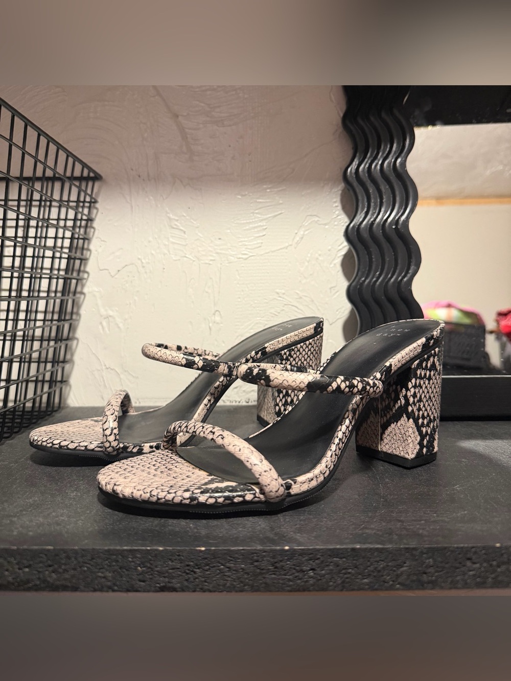 a new day Beige and Black Snake-Print Block Heel Slides